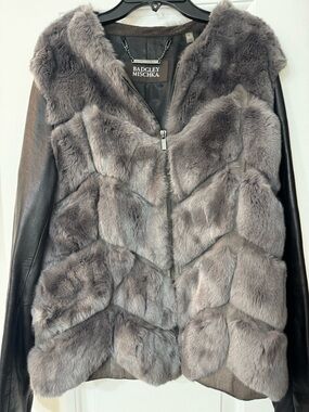 Badgley Mischka Gray Fur Leather-Sleeve Jacket